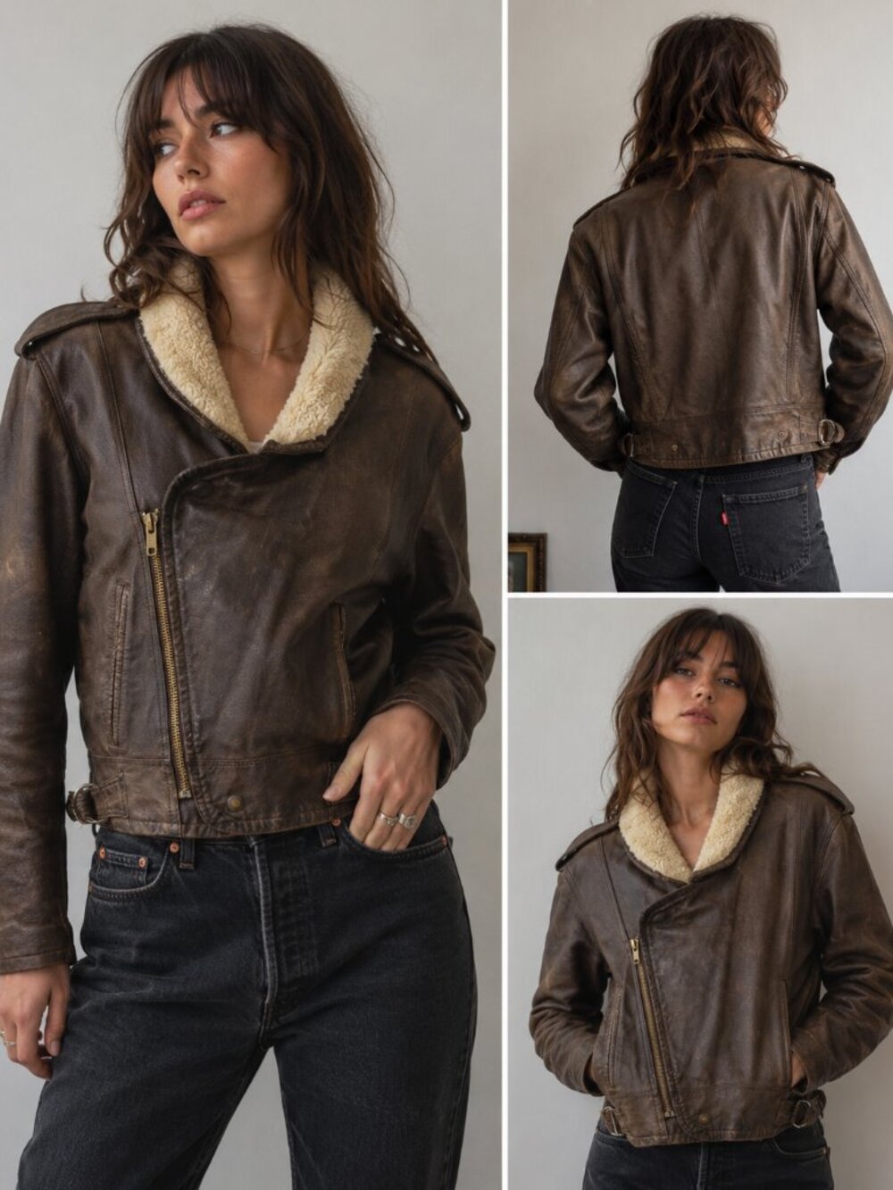 VTG Radius Distressed Brown Leather Moto Bomber Jacket Sherpa Collar SZ 36 FLAW
